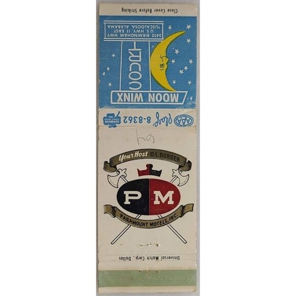 Vintage Matchbook Cover Moon Winx Court Tuscaloosa AL Alabama - Picture 2 of 5